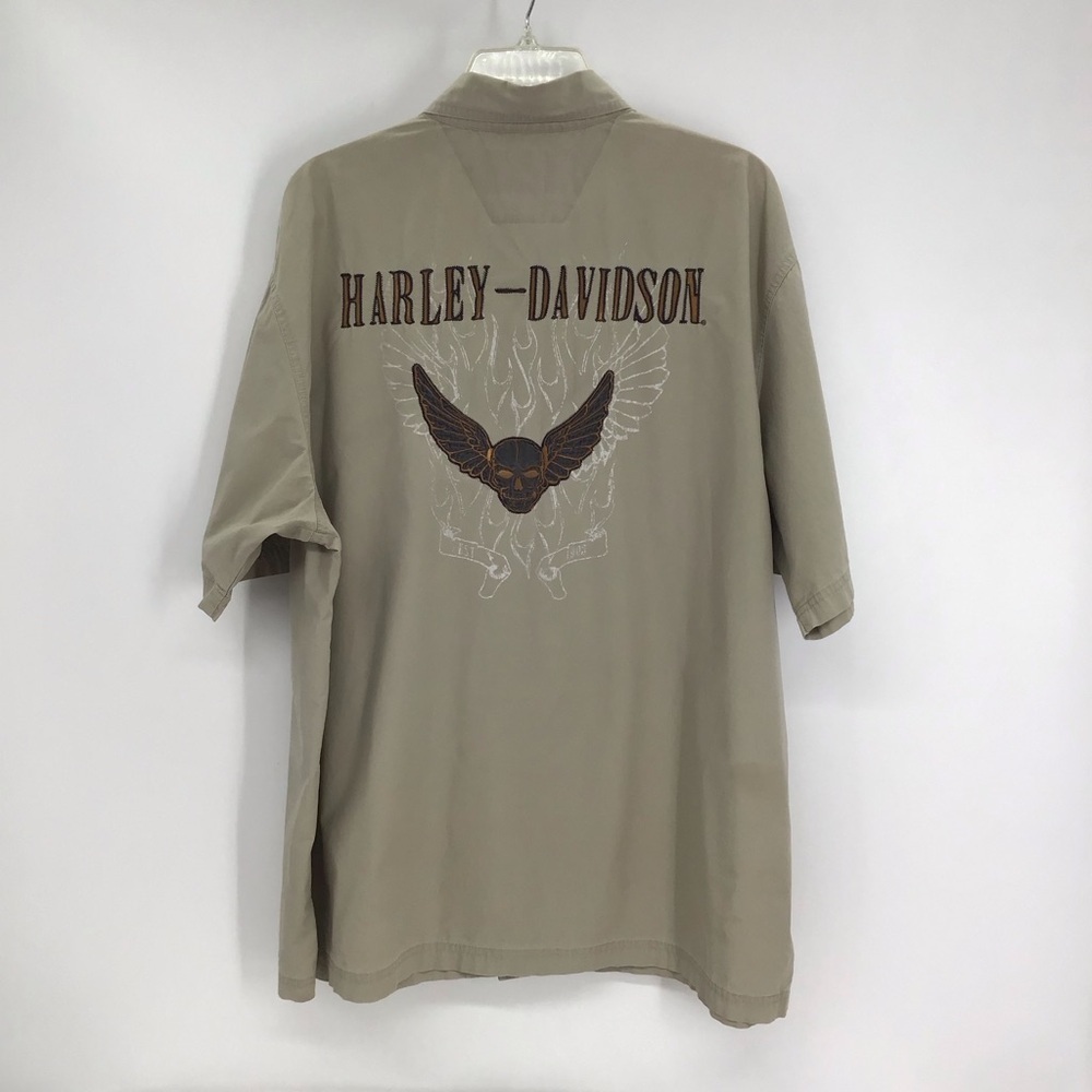 Harley Davidson Vintage Khaki Button-Up Motorcycle Skull Biker Shirt Size XL